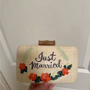 Floral Embroidered Just Married Clutch